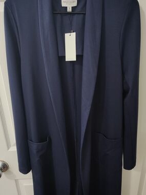 Navy Long Open-Front Ponte Knit Jacket